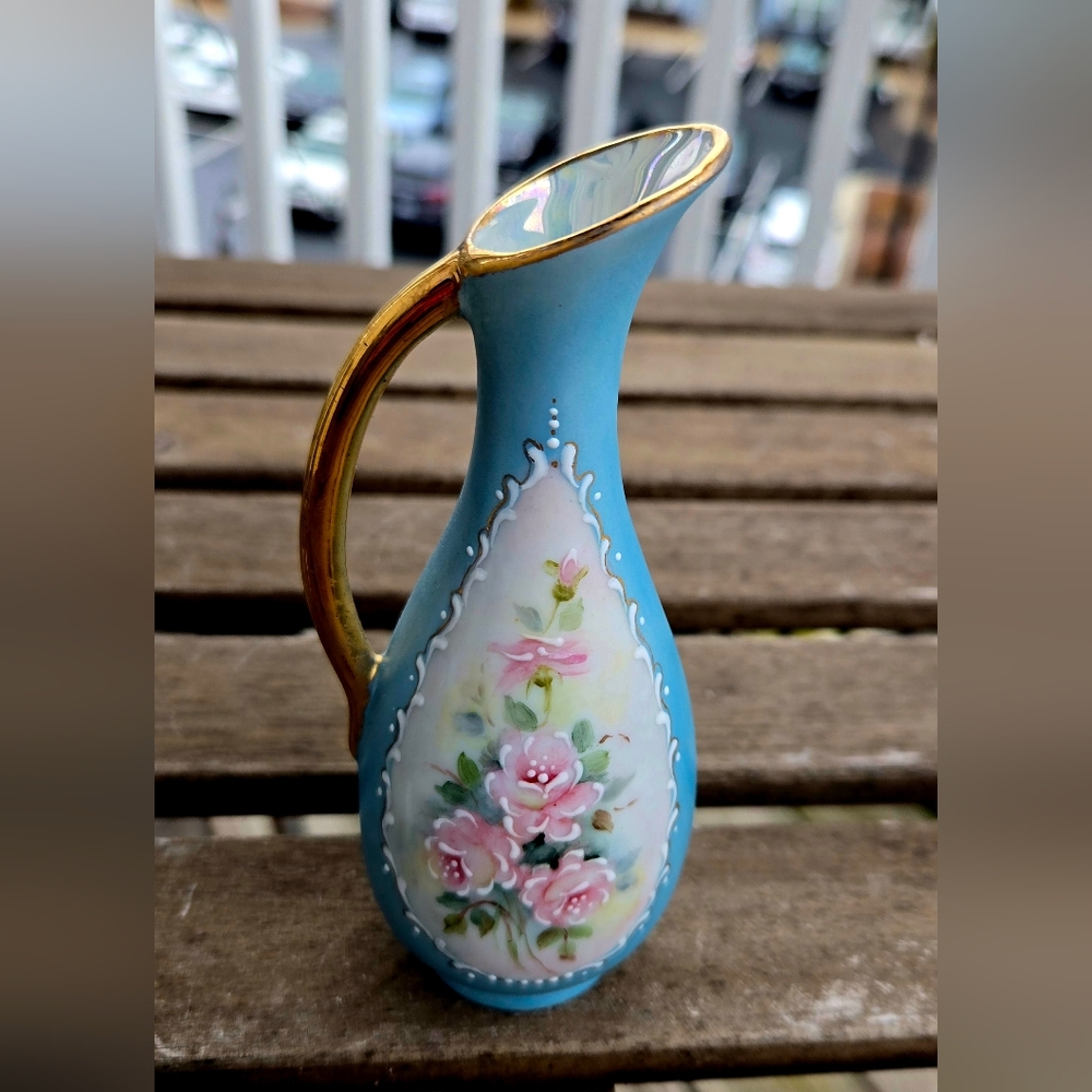 Hand painted small blue and floral pitcher 5 1/2"
